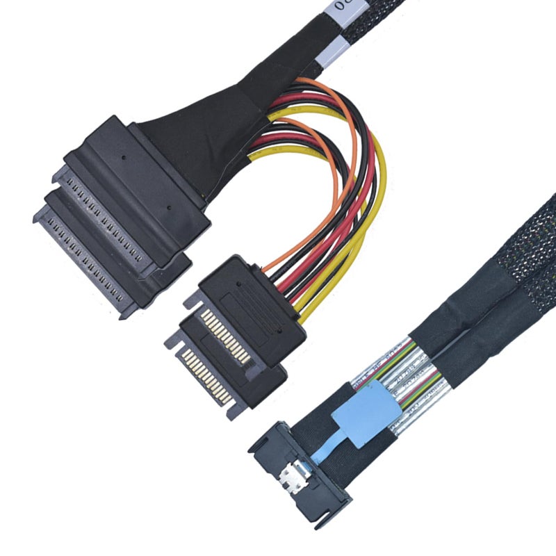 LetLinkSo PCIe 4.0 MCIO x8 to 2 x SFF-8639 Cable for U.2 NVMe SSD with 15Pin Power, 1.6ft(50 cm) - Image 1